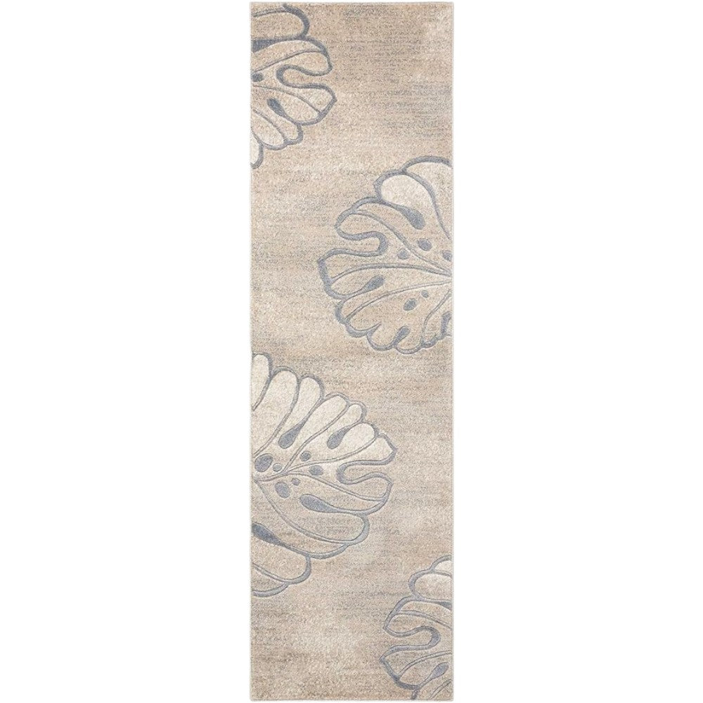 8' Beige and Gray Floral Non Skid Runner Rug