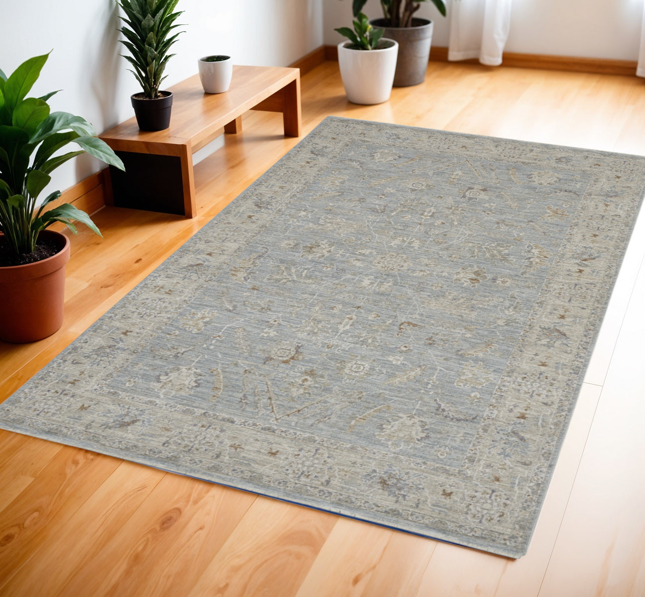 4' X 6' Beige and Blue Floral Power Loom Area Rug