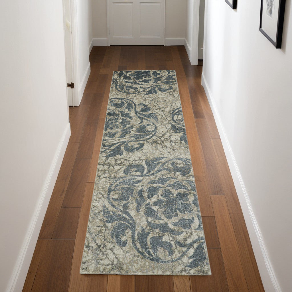 8' Ivory Tan and Gray Floral Distressed Non Skid Runner Rug