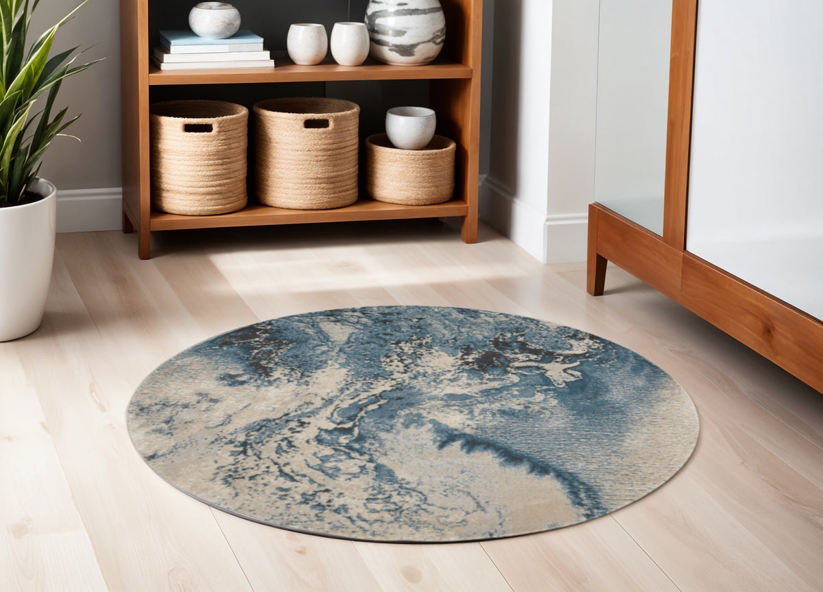 5' Teal and Ivory Abstract Non Skid Round Rug