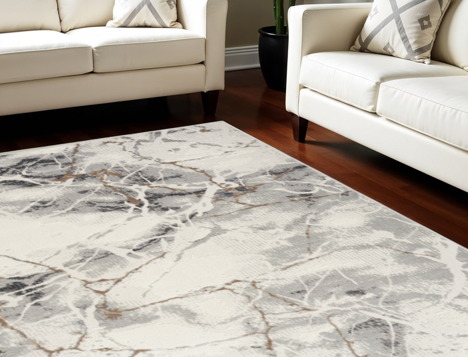 8' X 10' Ivory Black and Gray Abstract Non Skid Area Rug
