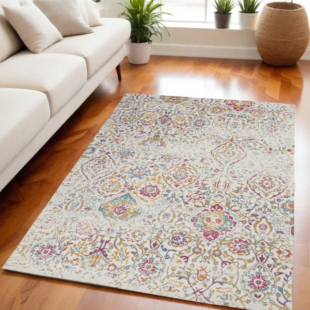 5' X 7' Ivory Red and Yellow Damask Distressed Area Rug