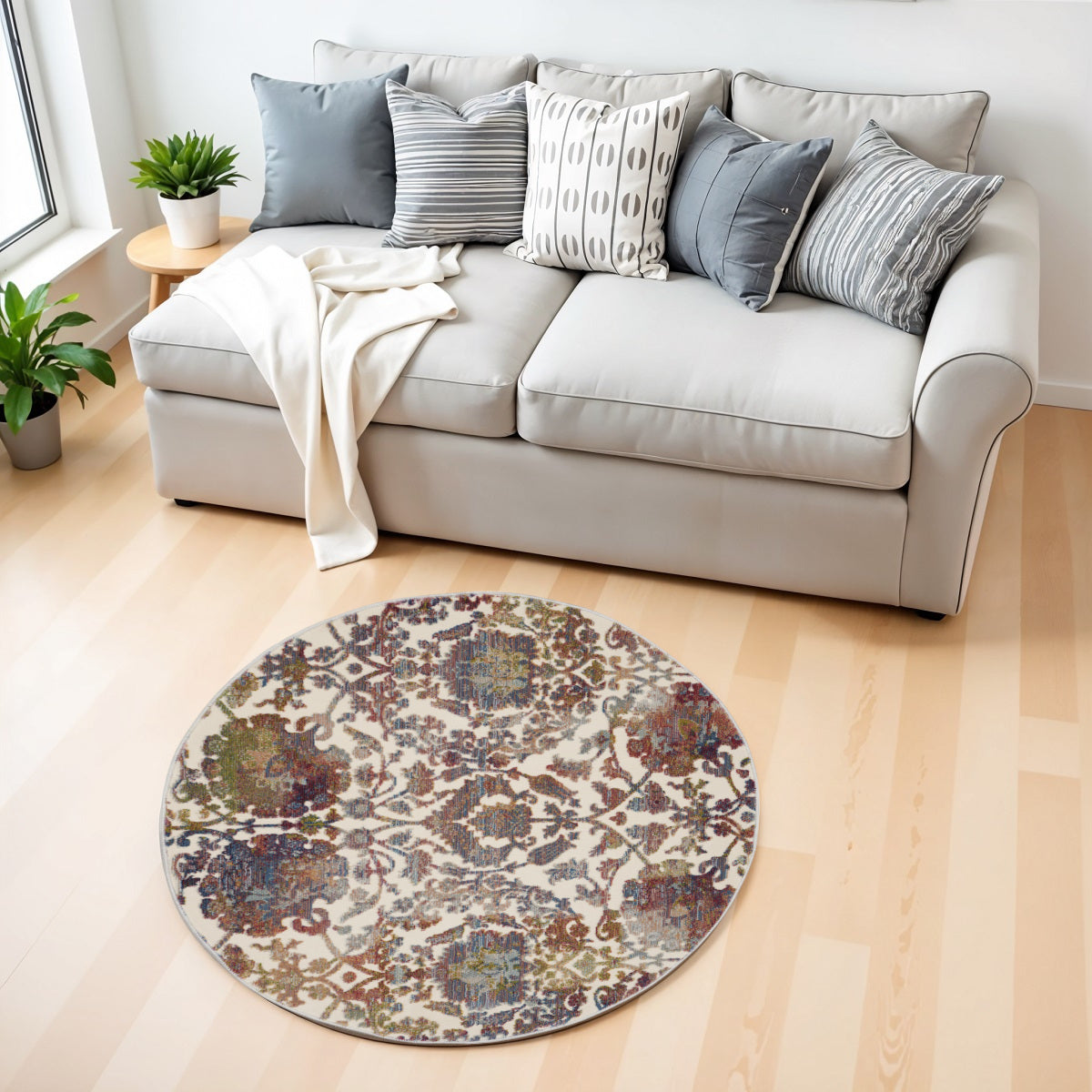 4' White and Golden Brown Floral Distressed Non Skid Round Rug