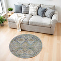 4' Ivory Blue and Green Floral Medallion Distressed Non Skid Round Rug
