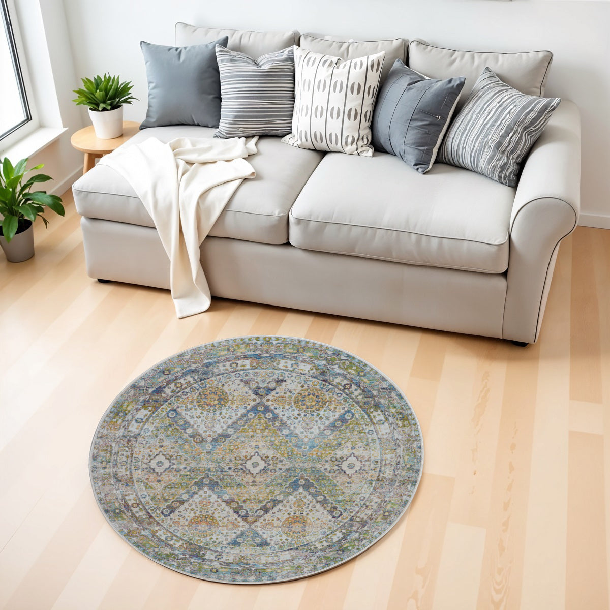4' Ivory Blue and Green Floral Medallion Distressed Non Skid Round Rug