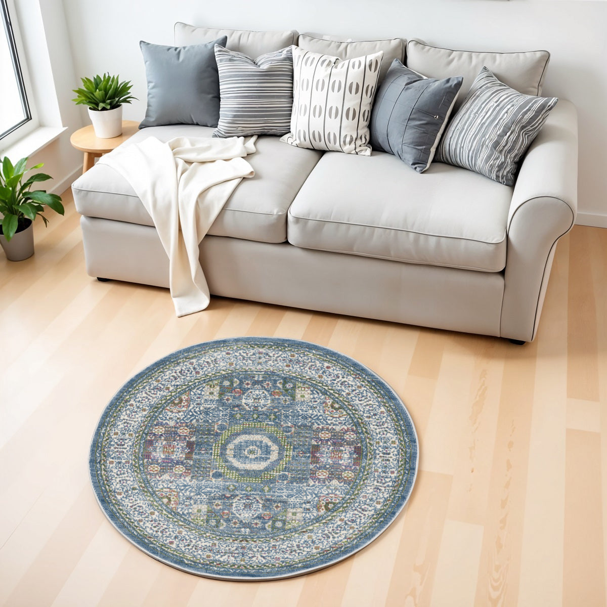 4' Ivory and Blue Geometric Distressed Non Skid Round Rug