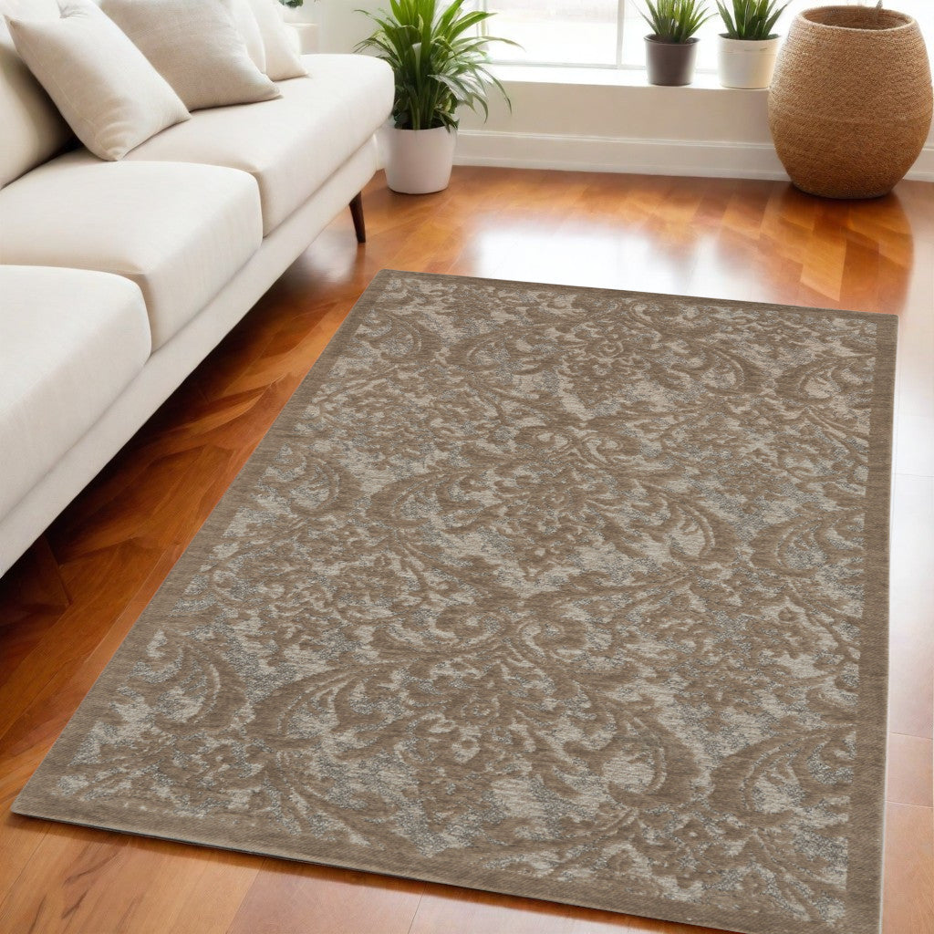 5' X 7' Taupe and Gray Damask Distressed Area Rug