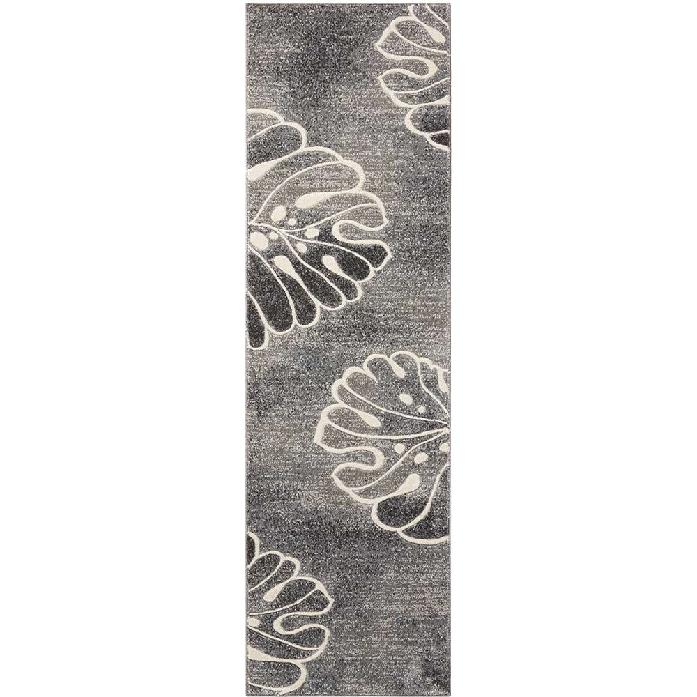 8' Ivory Black and Gray Floral Non Skid Runner Rug