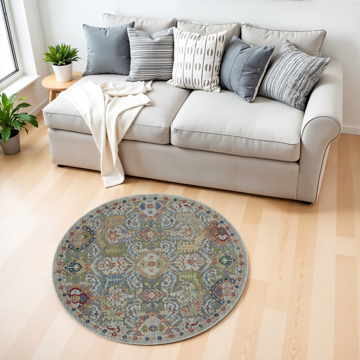 4' Ivory and Gray Floral Distressed Non Skid Round Rug