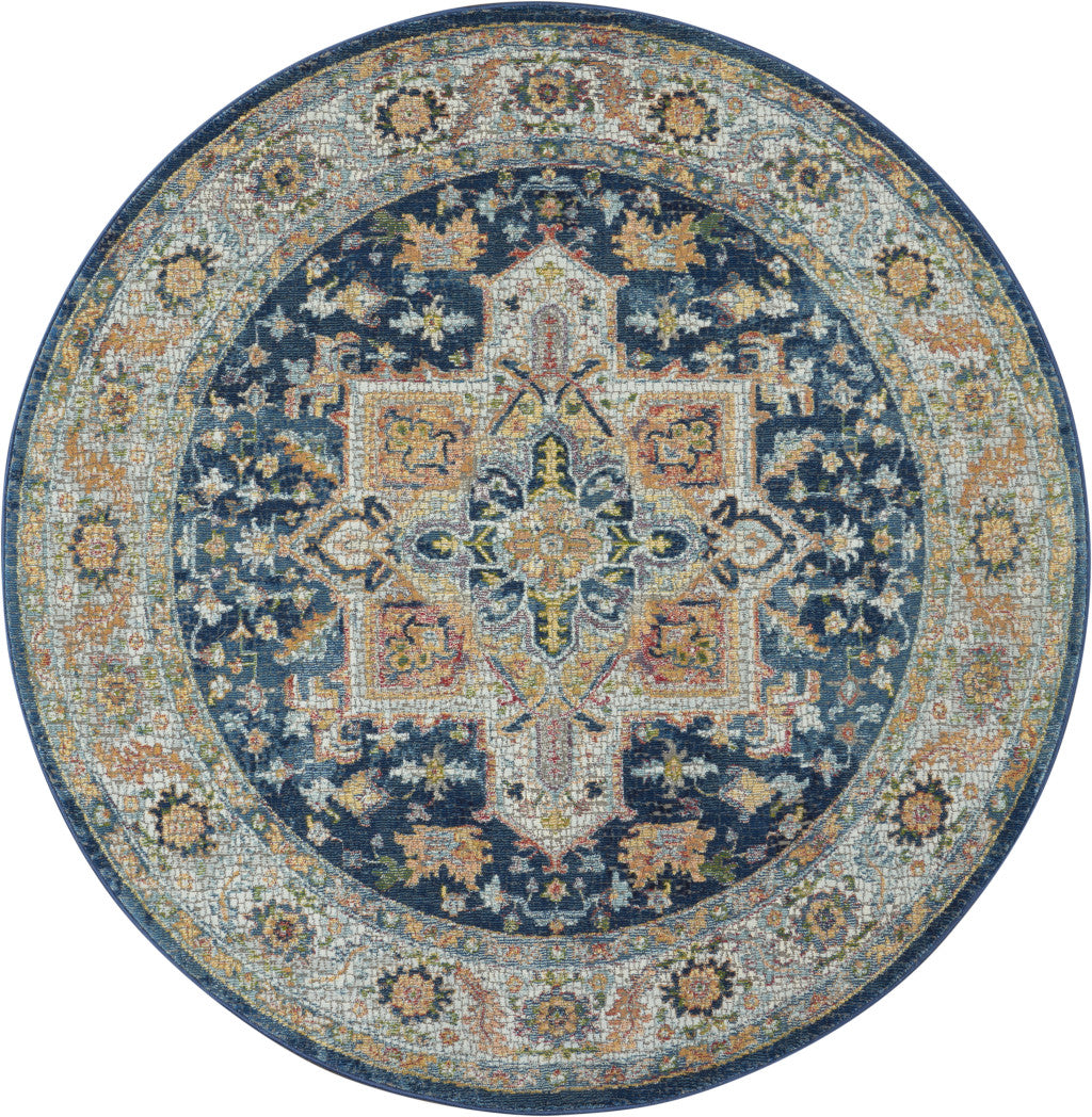 4' Ivory Blue and Yellow Floral Medallion Distressed Non Skid Round Rug