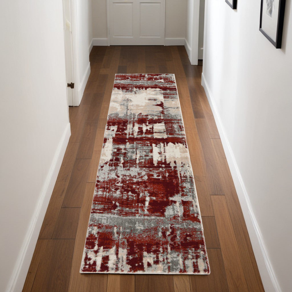8' Ivory Red and Gray Abstract Non Skid Runner Rug