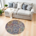 4' Ivory Blue and Orange Geometric Distressed Non Skid Round Rug