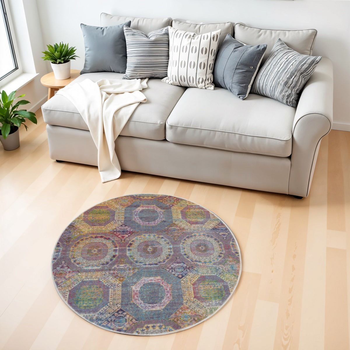 4' Ivory Blue and Orange Geometric Distressed Non Skid Round Rug