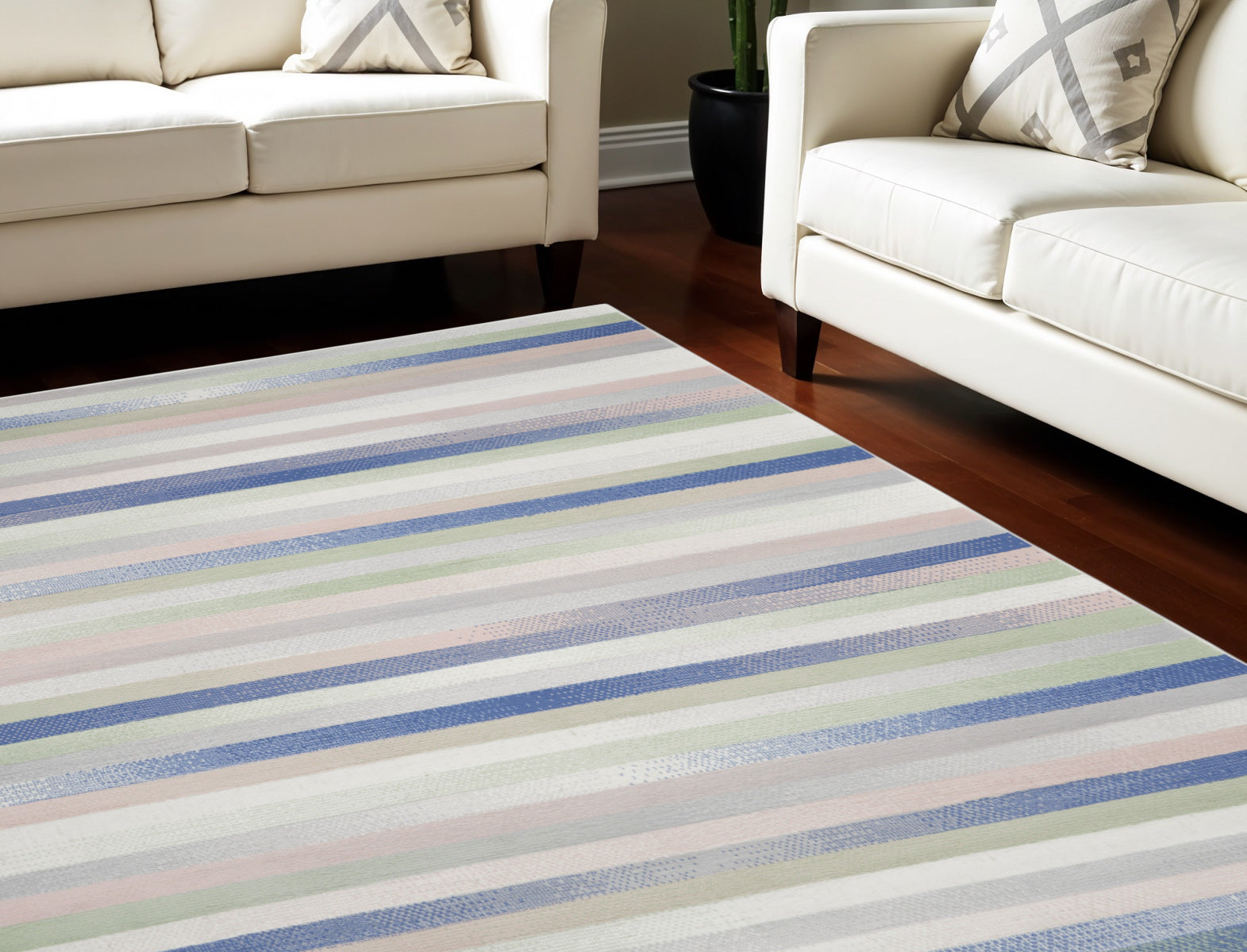 7' X 10' Ivory Tan and Blue Abstract Distressed Non Skid Area Rug