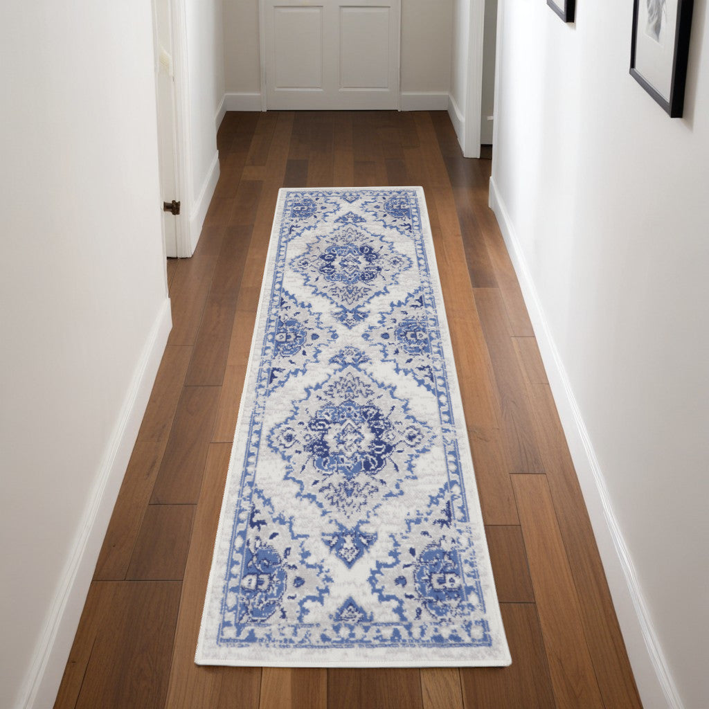 8' Ivory and Blue Floral Medallion Distressed Non Skid Runner Rug