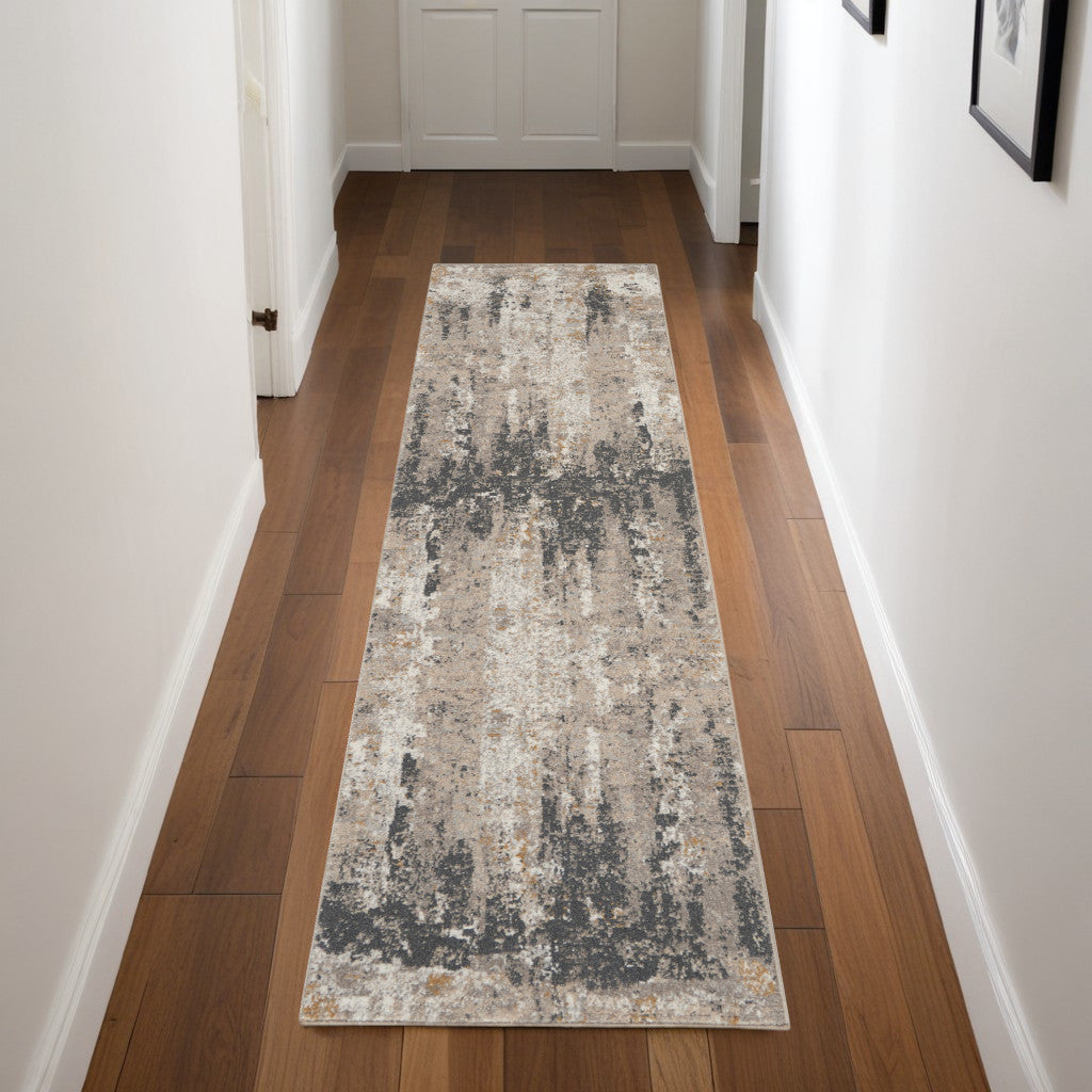 8' Cream Black and Gray Abstract Runner Rug