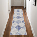 8' Beige Blue and Gray Geometric Distressed Non Skid Runner Rug