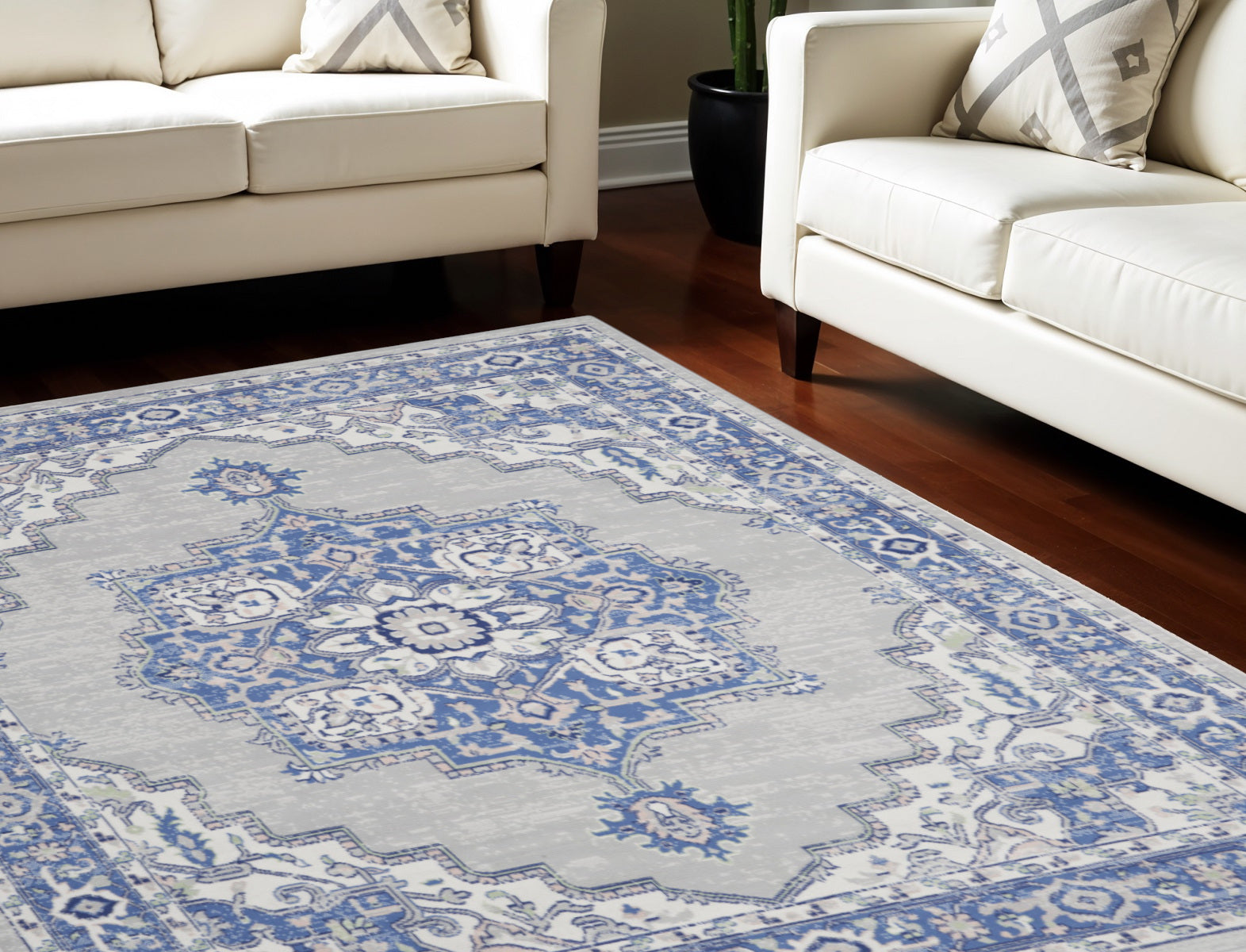 7' X 10' Ivory Blue and Gray Floral Medallion Distressed Non Skid Area Rug