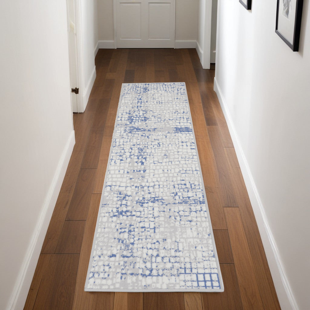 8' Ivory Blue and Gray Abstract Distressed Non Skid Runner Rug