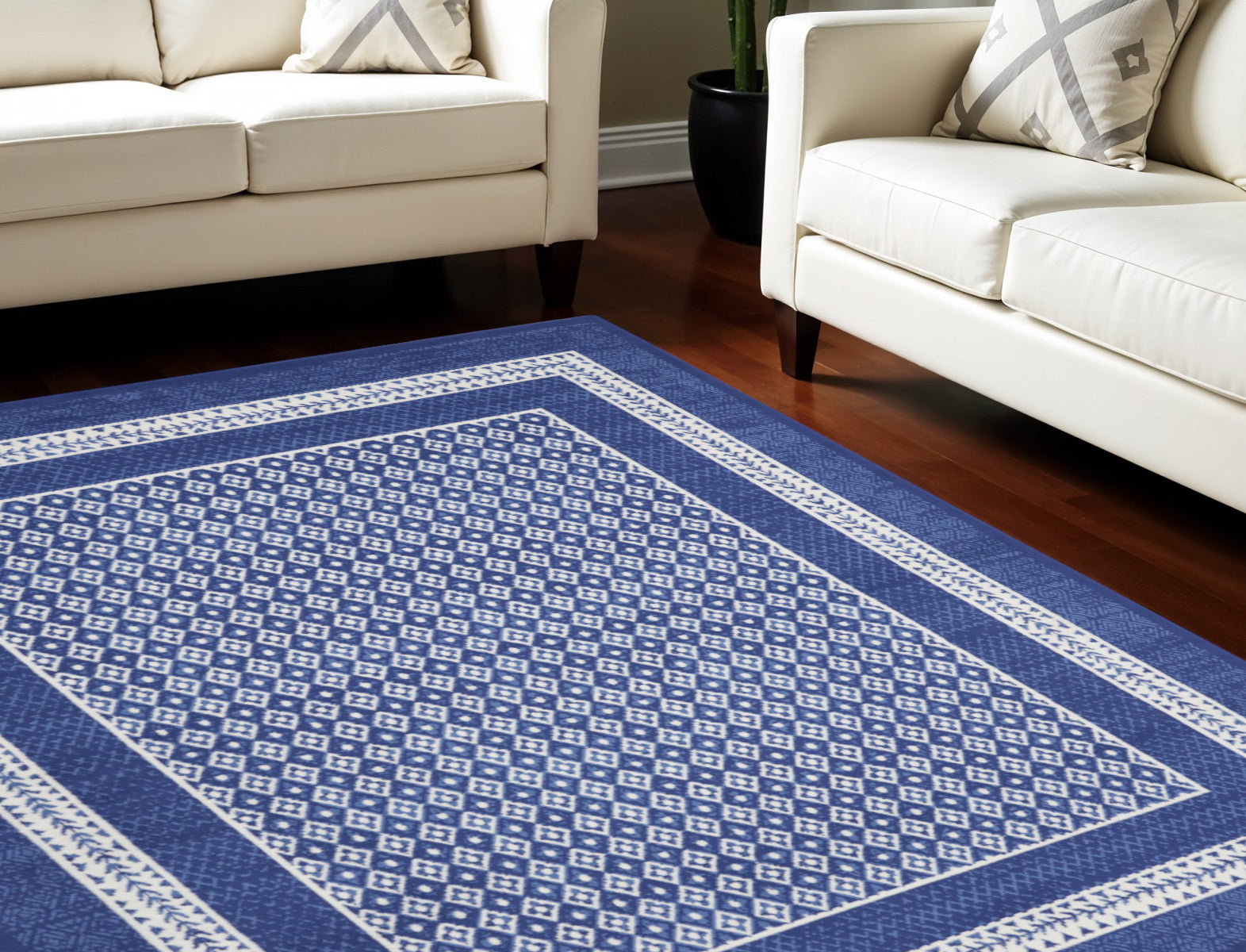 7' X 10' Ivory and Navy Blue Geometric Distressed Non Skid Area Rug