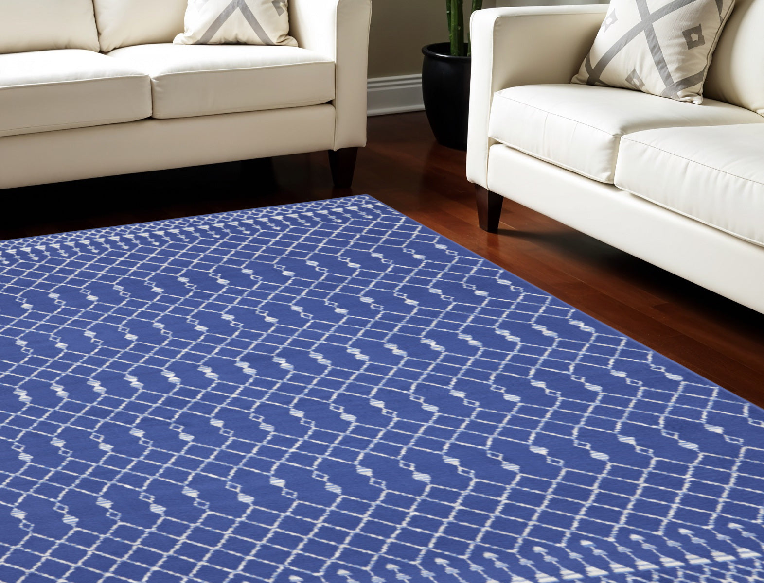 7' X 10' Navy Blue and Ivory Moroccan Distressed Non Skid Area Rug