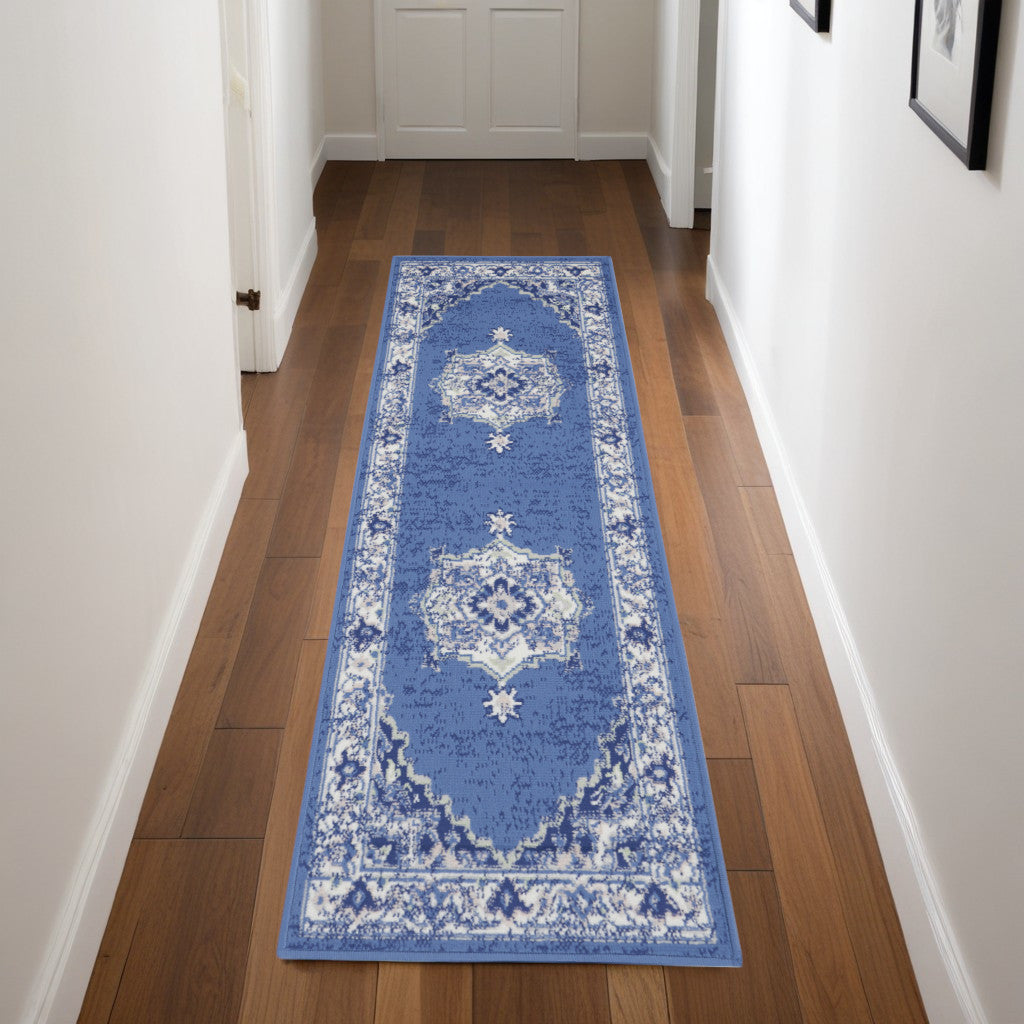 8' Ivory Navy Blue and Beige Floral Medallion Distressed Non Skid Runner Rug