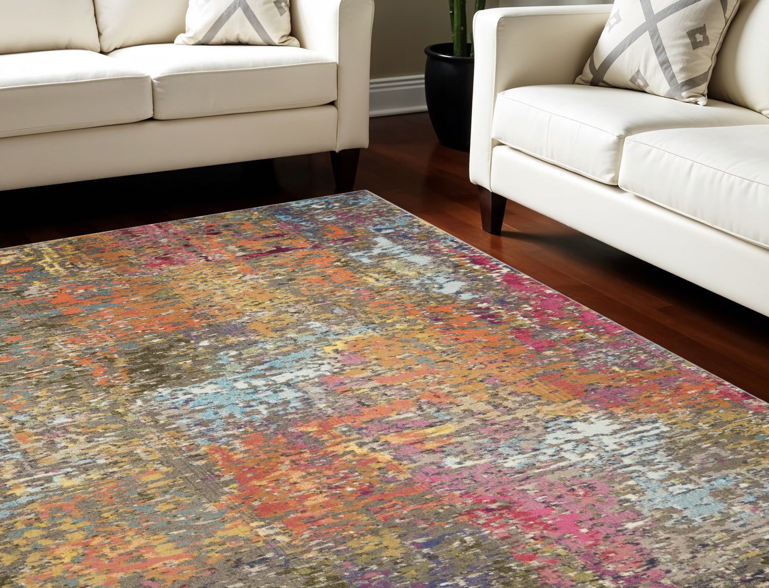 7' X 10' Blue and Orange Abstract Non Skid Area Rug