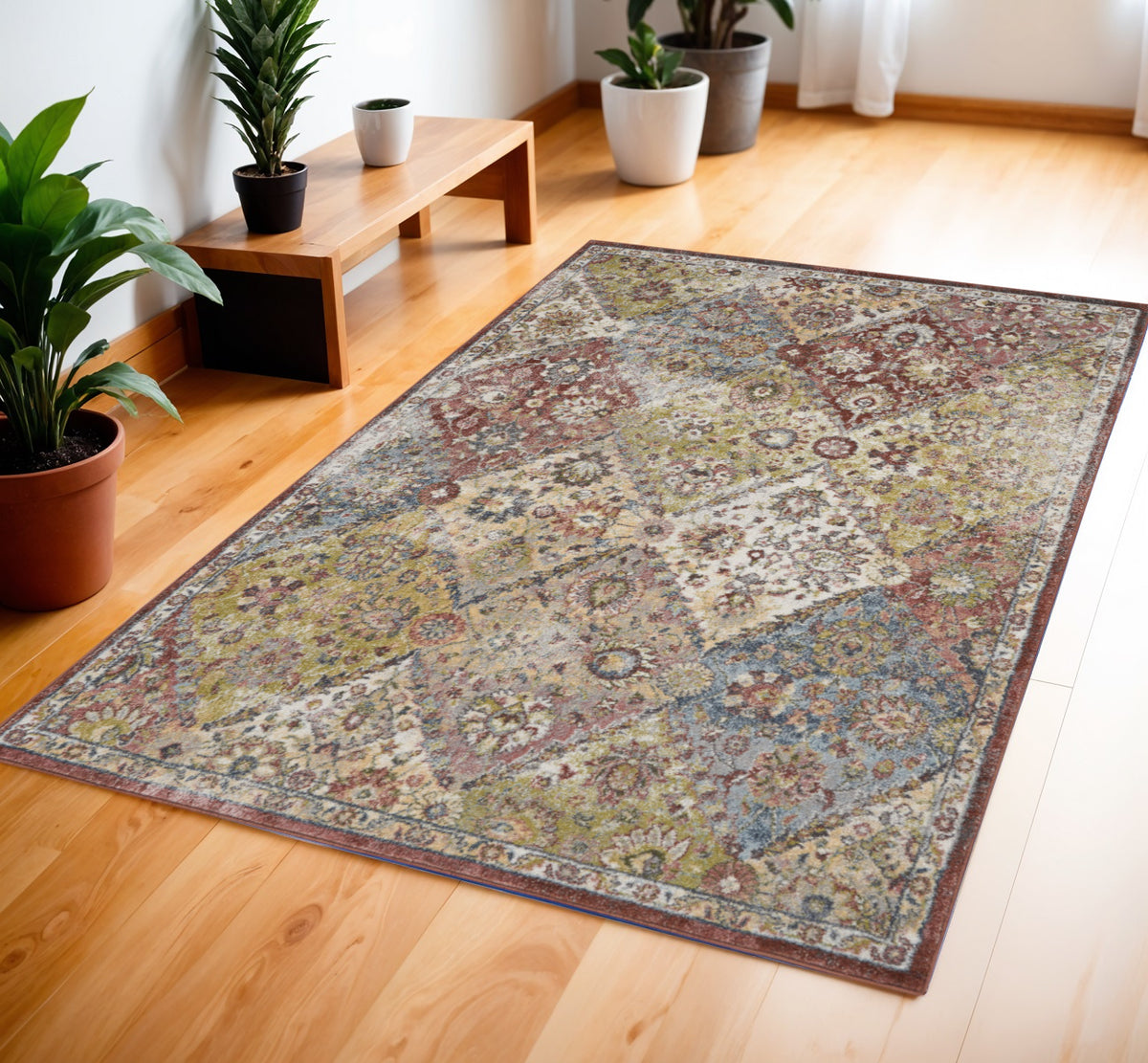 4' X 6' Green and Ivory Floral Distressed Area Rug