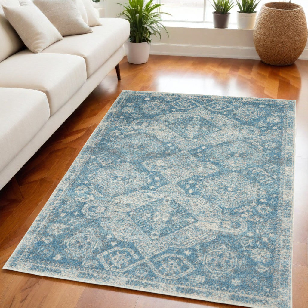 5' X 7' Ivory and Light Blue Medallion Distressed Area Rug