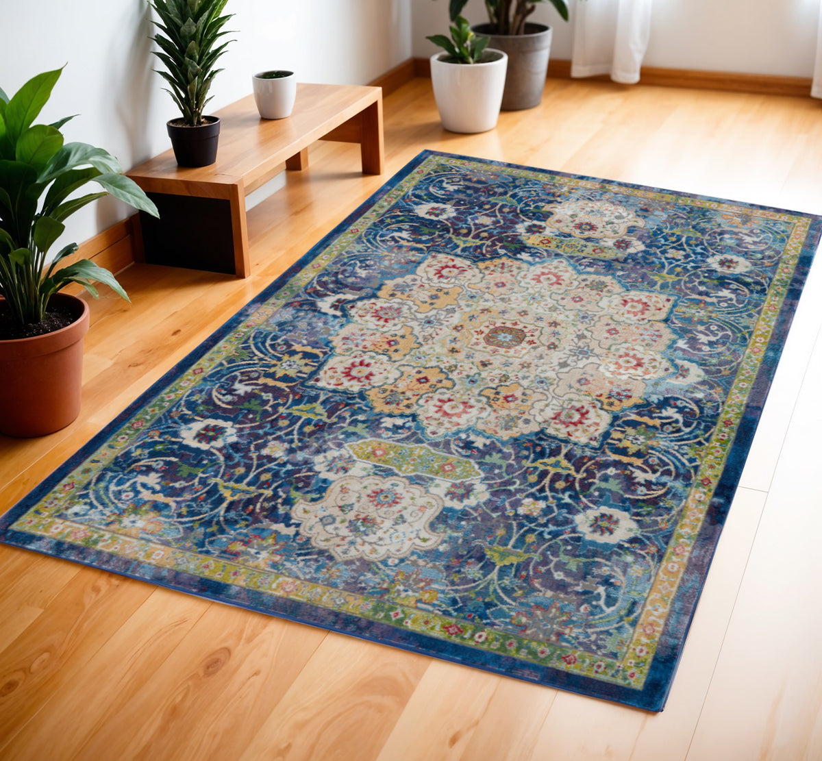 4' X 6' Navy Blue and Gold Floral Medallion Distressed Non Skid Area Rug
