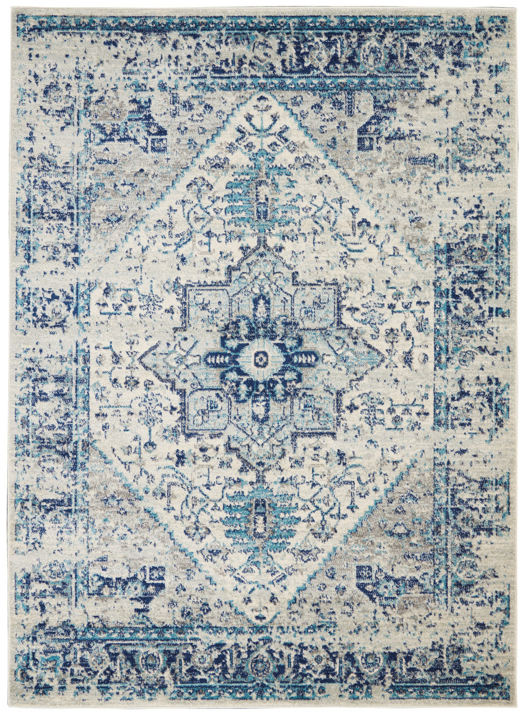 6' X 9' Ivory And Light Blue Floral Medallion Distressed Area Rug