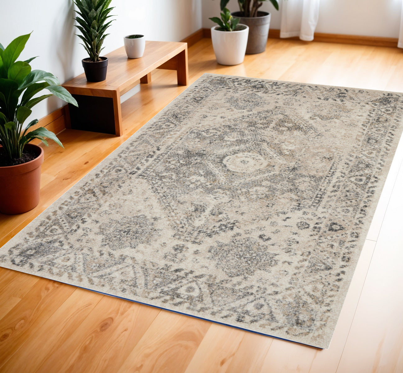4' X 6' Cream and Gray Medallion Distressed Area Rug