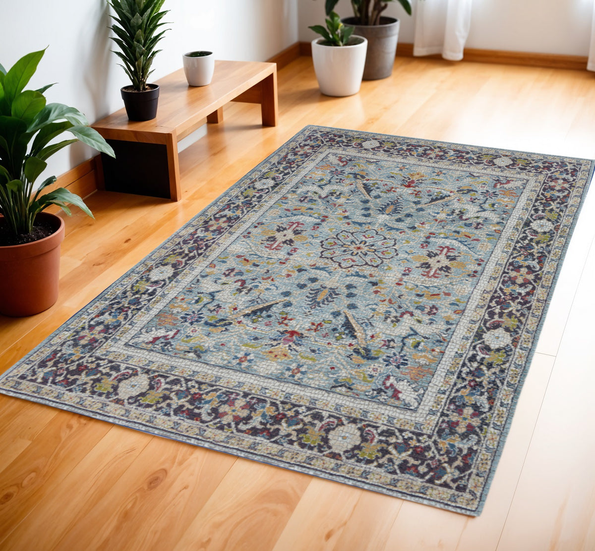 4' X 6' Teal Blue Orange and Black Floral Distressed Non Skid Area Rug