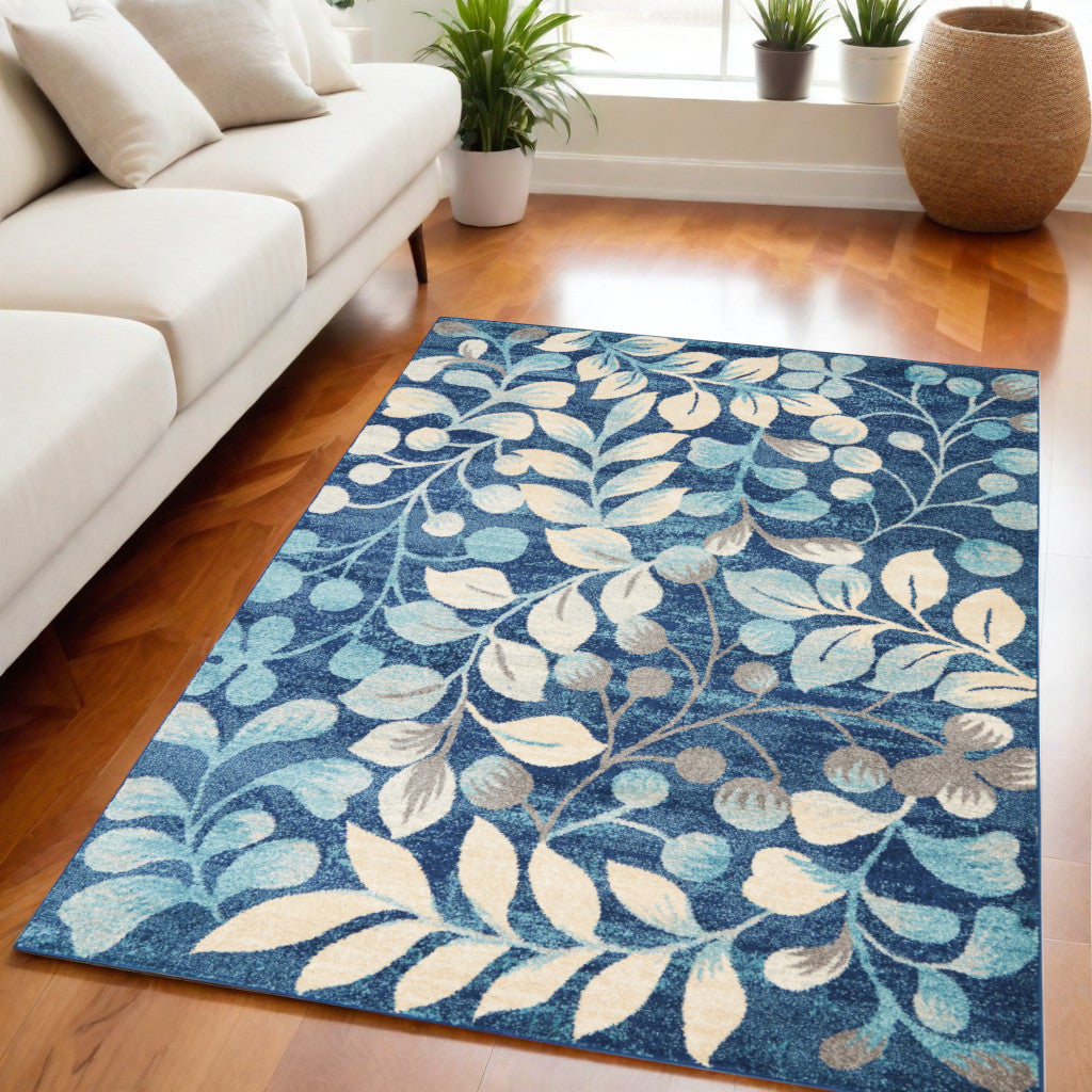 5' X 7' Navy Blue and Beige Botanical Leaves Area Rug