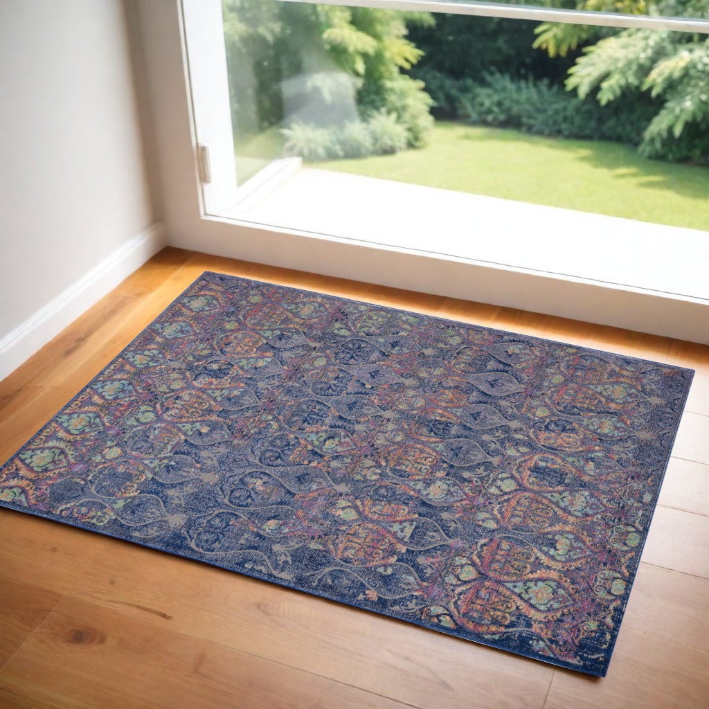 4' X 6' Navy Blue and Orange Ogee Distressed Non Skid Area Rug