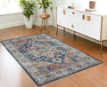 4' X 6' Ivory Blue and Orange Floral Medallion Distressed Non Skid Area Rug