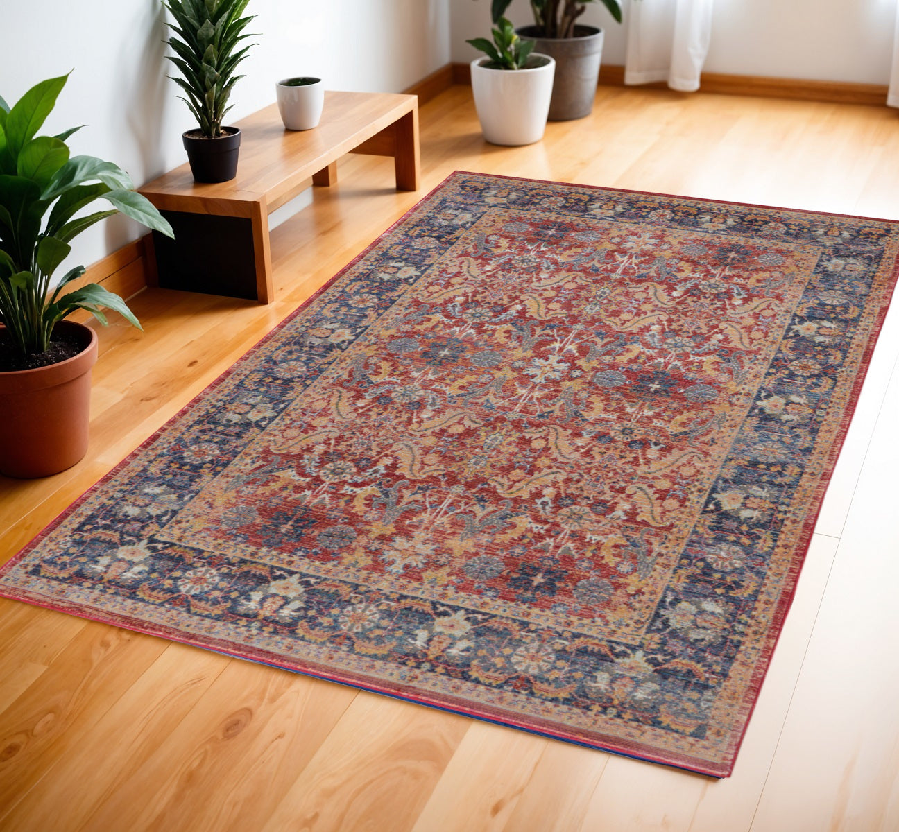 4' X 6' Blue and Red Oriental Distressed Non Skid Area Rug