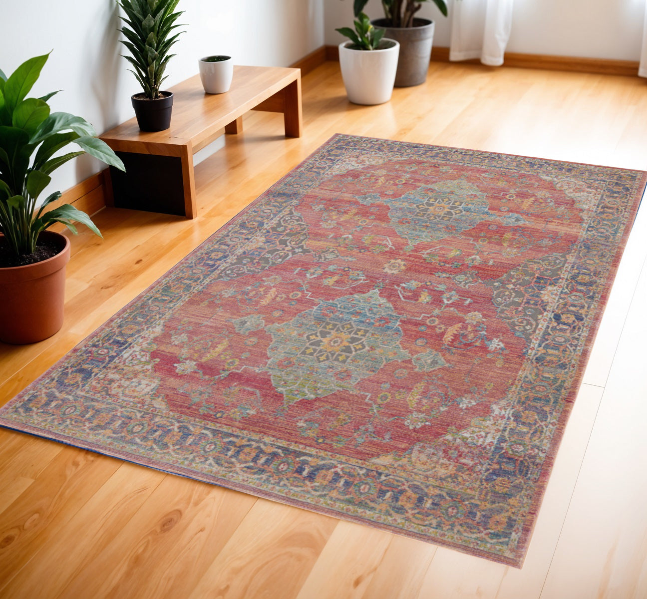 4' X 6' Blue and Red Floral Medallion Distressed Non Skid Area Rug