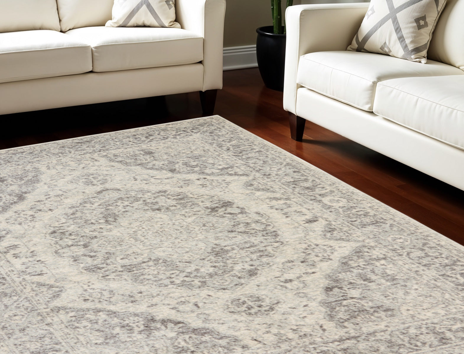 7' X 10' Ivory And Gray Floral Medallion Distressed Area Rug