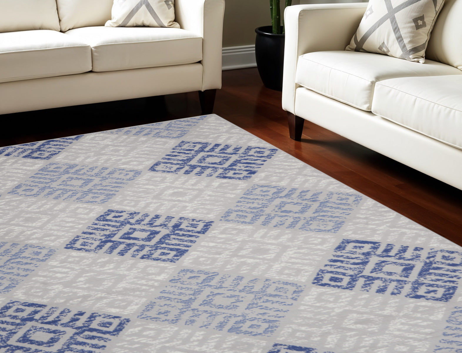 8' X 10' Beige Blue and Gray Geometric Distressed Non Skid Area Rug