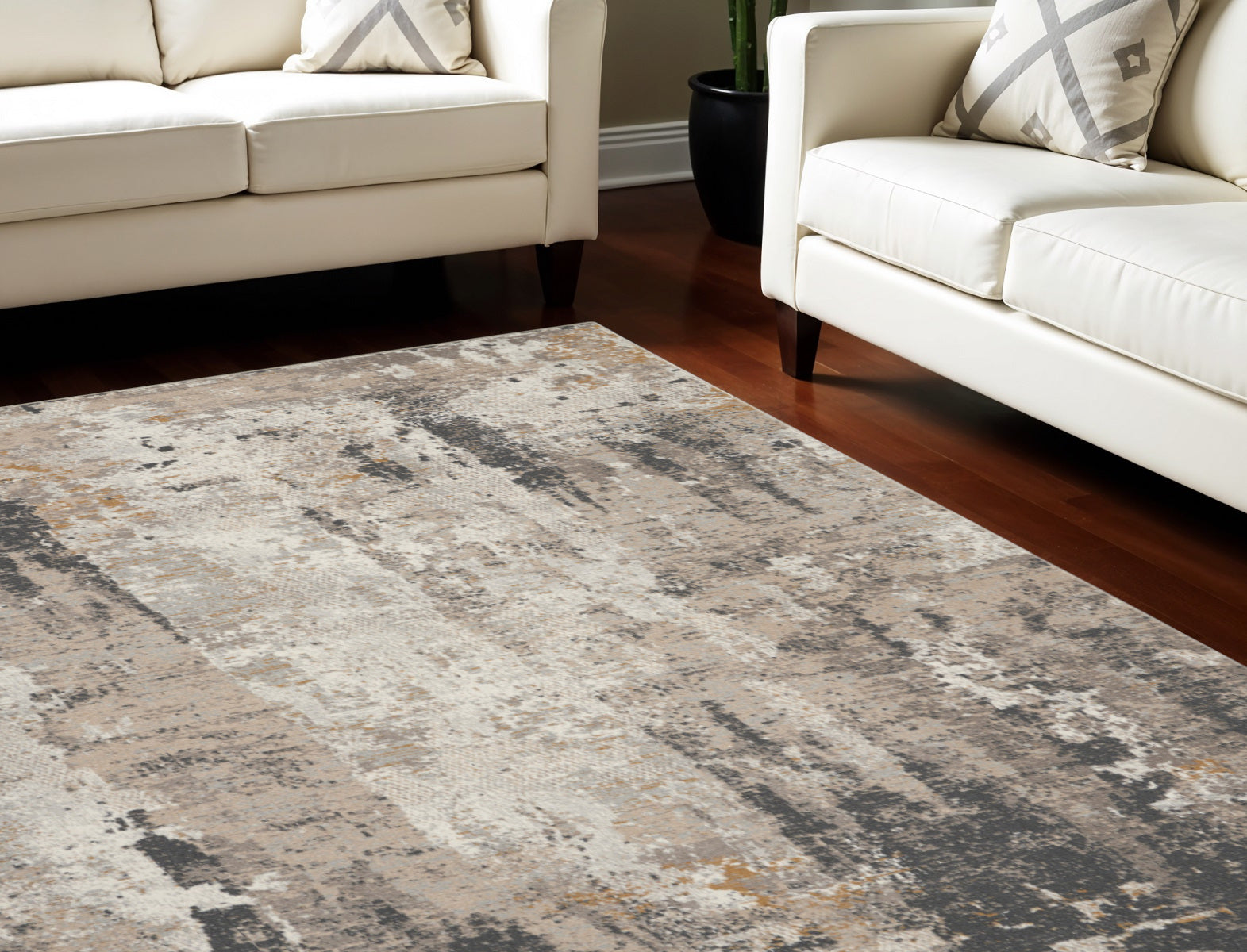 8' X 10' Cream Black and Gray Abstract Area Rug