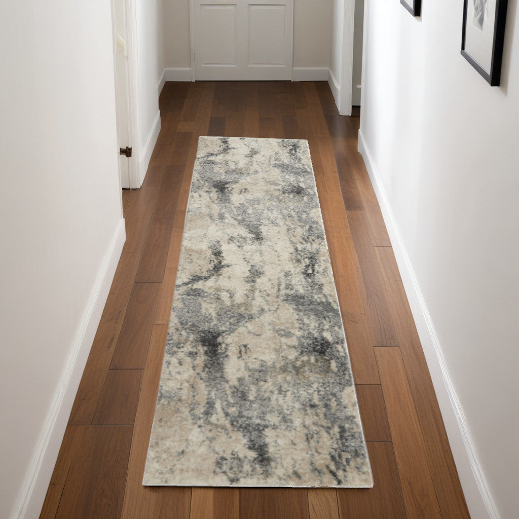 8' Cream and Gray Abstract Distressed Runner Rug