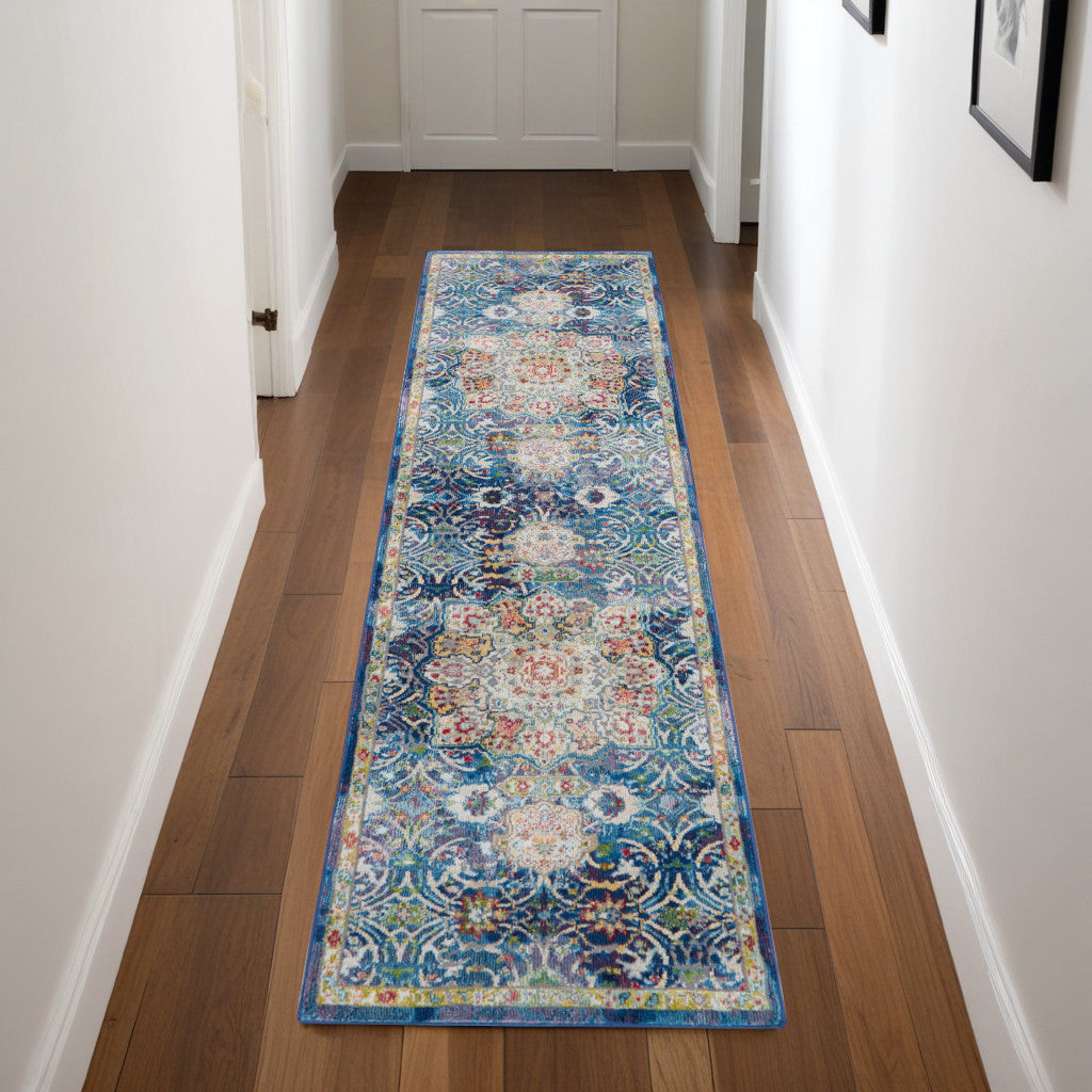 8' Navy Blue and Gold Floral Medallion Distressed Non Skid Runner Rug