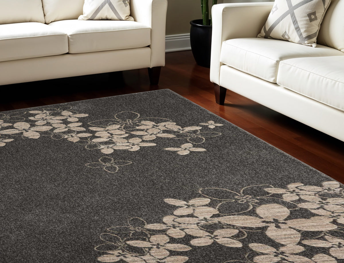 8' X 11' Beige and Charcoal Floral Non Skid Area Rug
