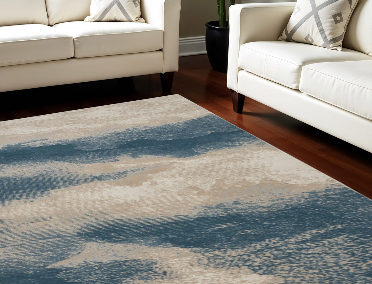 8' X 11' Ivory and Teal Blue Abstract Non Skid Area Rug
