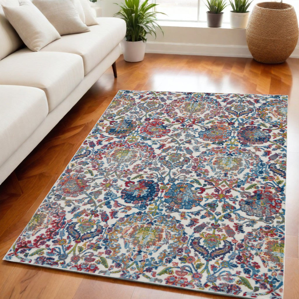 5' X 8' Ivory Blue and Red Floral Distressed Non Skid Area Rug