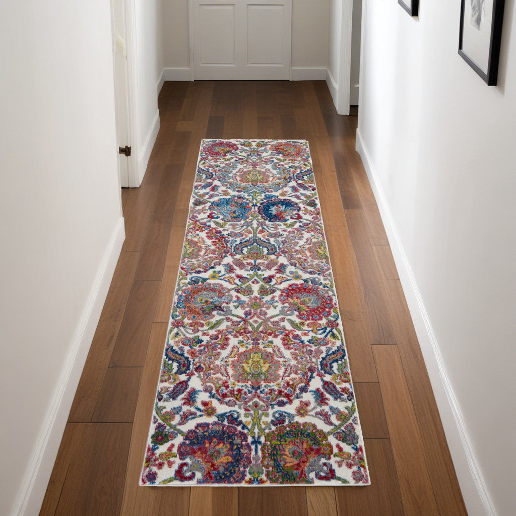 8' Ivory Blue and Gray Floral Distressed Non Skid Runner Rug