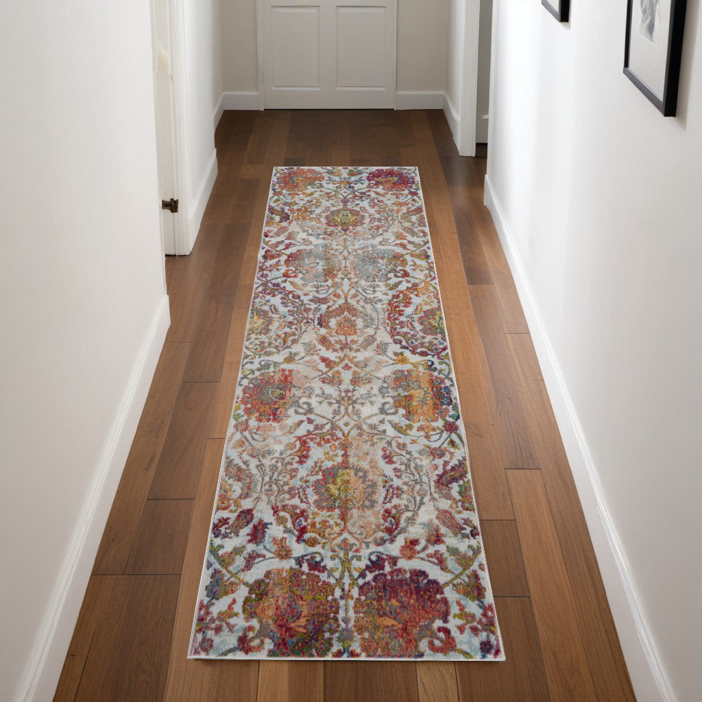 8' Ivory Gray and Orange Floral Distressed Non Skid Runner Rug