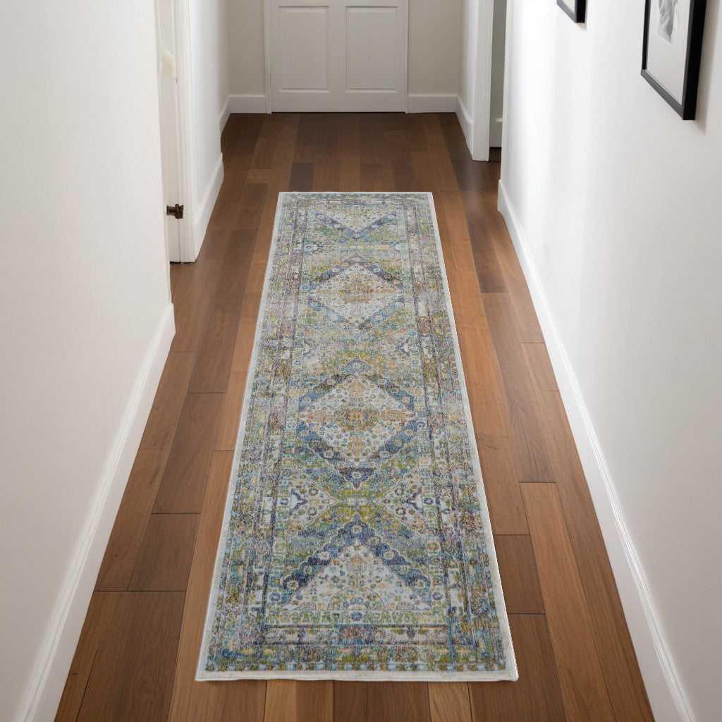 8' Ivory Blue and Green Floral Distressed Non Skid Runner Rug