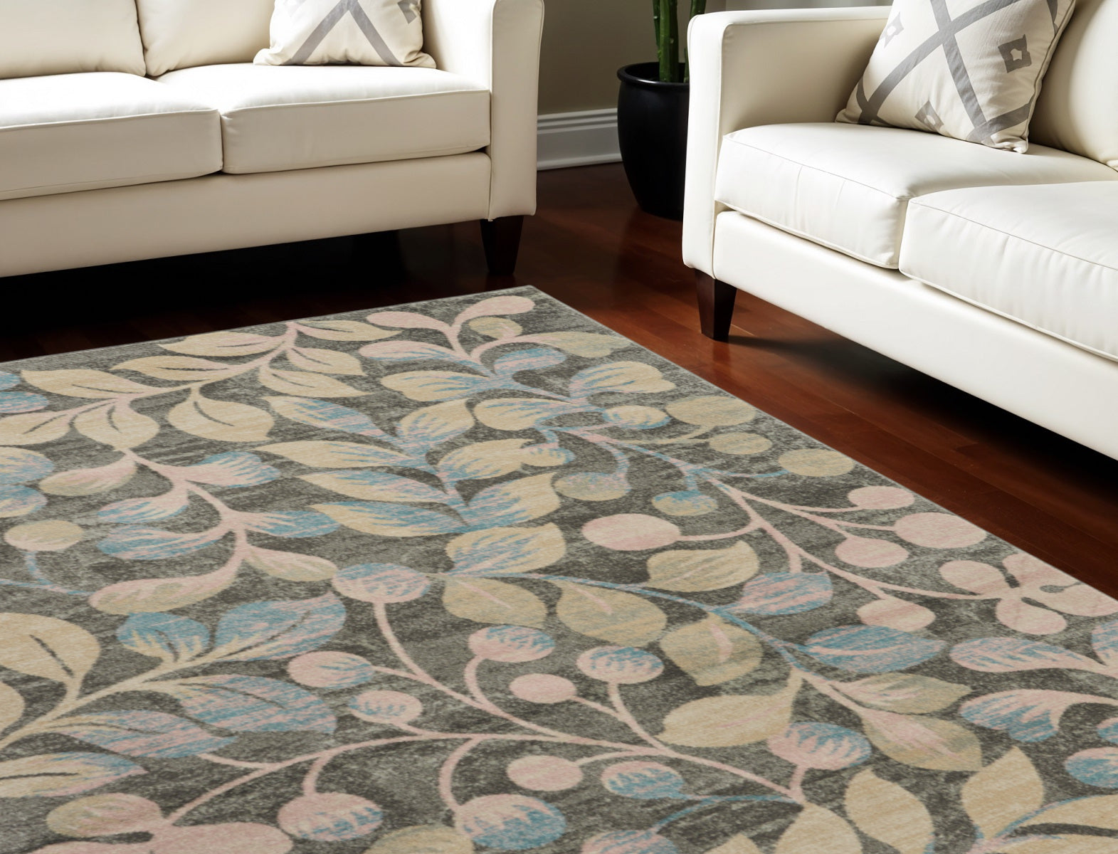 8' X 10' Beige Gray And Blue Botanical Leaves Area Rug